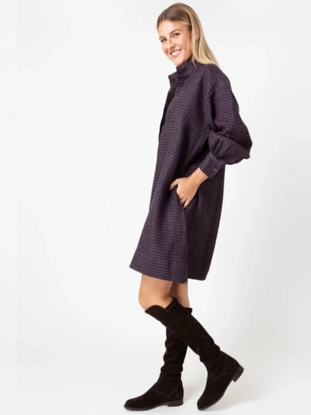 Ann Mashburn Anaya Popover Dress in Brown Navy Gingham Linen